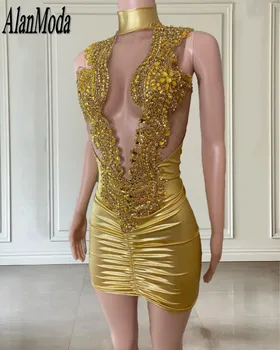 Elegantiškas Matyti Per Aukso Keltas Suknelės Moterims Gimtadienio Aukšto Kaklo Duobute Diamond Trumpas Šalis, Chalatai 2023 Mini Homecoming Suknelė