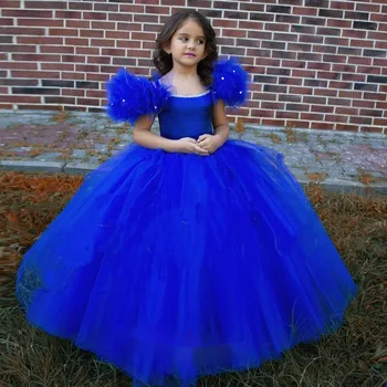 Royal Blue Tiulio Gėlių Mergaitės Suknelė Karoliukai Gimtadienio Kūdikių Vestuves Chalatai Pirmą Comunion Customes
