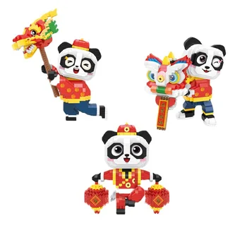Naujųjų Metų Panda Micro Blokai Kinijos Tradicinės Kultūros Dragon Lion Dance 3D Modelis Mini Plytų Duomenys Žaislas Vaikams
