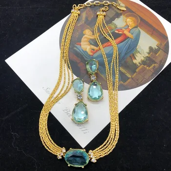 Vintage Blue Crystal Gyvatė Grandinės Karoliai, Auskarai Nustatyti Moterų Prabangūs Papuošalai