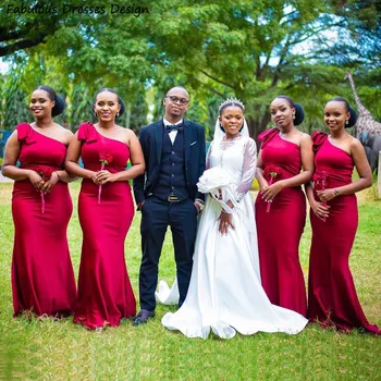 Oficialus Raudona Vieną Petį Bridesmaid Dresses 2023 Ilgai Undinė Rankovių Vestuvės Dress Afrikos Moterų Maid Of Honor