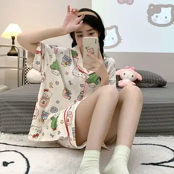 Kawaii Sanrio Pižama Hello Kittys Medvilnės Trumpas Pajama Nustatyti Moterų Rudenį Pajama Nustatyti, Saldus, Mielas Moterų Pižama Homewear Grils Dovana