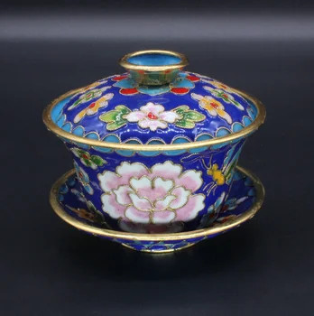 Kinija Jingtai Mėlynos spalvos ornamentais žiupsnelis šilko aukštos temperatūros emalio gėlių šilko, sidabro, mėlyna arbatos dubenėlį dangčiu dubuo