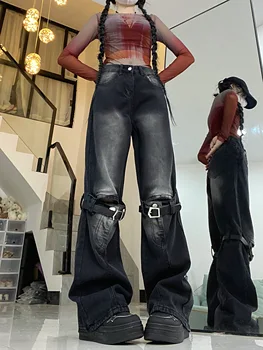 Retro susiuvimo juoda nelaimę džinsai su aukštosios gatvės mados dizainas moterų palaidų montavimo tiesiai koja plati koja mop kelnės