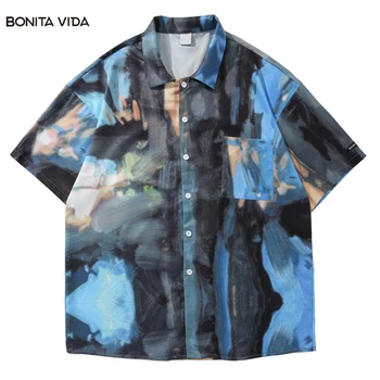 Negabaritinių Vyrų Havajų Marškinėliai Y2K Streetwear Japonijos Vasaros Mygtuką Paplūdimys Marškinėliai Naftos Spausdinti Trumpas Rankovės Atsitiktinis Moterų 