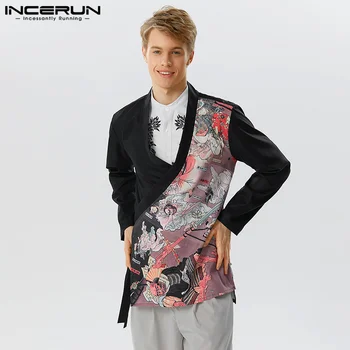 2023 Vyrų Marškinėliai Spausdinti Kratinys V-Kaklo, ilgomis Rankovėmis Nėrinių Derliaus Streetwear Kimono Elegantiškas Atsitiktinis Vyras Marškinėliai S-5XL INCERUN