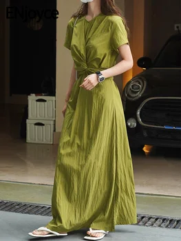 ENjoyce Vasaros Derliaus Kryžiaus Dirželiu Juosmens Trumpomis Rankovėmis Suknelė Elegantiškas Ponios Atsitiktinis Laisvas Sijonas Korėjos Stiliaus Ilgos Suknelės