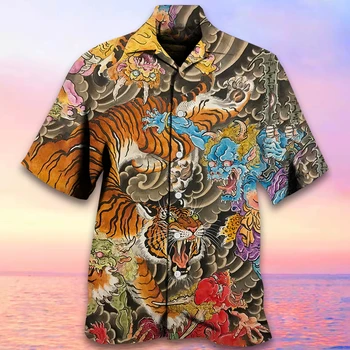 Nauji vyriški Marškiniai Havajų Kubos Apykaklę, Trumpas Rankovės Vyrų Drabužiai Aštri Tigras Spausdinti Marškinėliai Vyrams Mados Cool Top Negabaritinių Tee