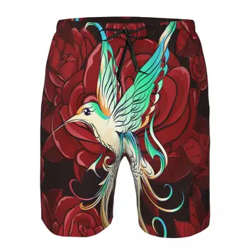 Vyriškos maudymosi Kostiumėliai Plaukti Trumpas liemuo Hummingbird Dėl Rožių Fone Paplūdimio Valdybos Šortai, Maudymosi šortai Surffing