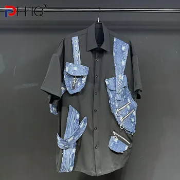 PFHQ Madinga Nišą Dizaino Džinsinio audinio Spalvų Kontrastas Sujungimas vyriški Marškiniai Aukštos Kokybės Streetwear Viršūnes Originalus, Universalus, Nauja 21F1620