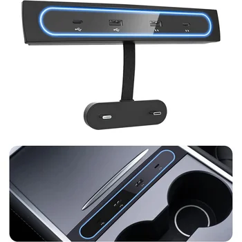 Automobilinis USB Įkroviklis Multi Uosto Tesla Model 3/Y 2021 2022 Priedai USB Šakotuvą su Mėlyna LED Šviesa Konsolė Adapteris