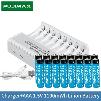 PUJIMAX 8-lizdas Baterijos Kroviklį su 1,5 V AAA 1100mWh Li-ion Battery Low Self-iškrovimo Stabilus Maitinimo šaltinis Patvarus